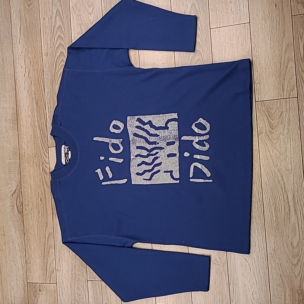 FIDO DIDO Cartoon Art Theme Sz L Blue Cotton Blend Mens Long‎ Sleeve Shirt 80s